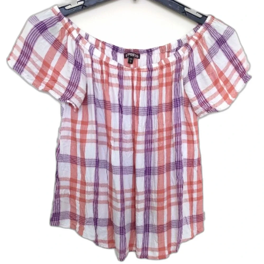 Women's Express Purple and Pink Off-the-Shoulder Flutter Sleeve Blouse, Size M - Picture 1 of 6